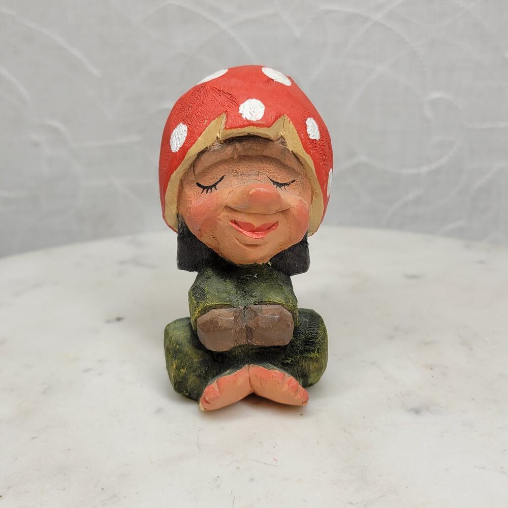 Vtg Henning Norway Mushroom Tusse Troll 3.5" Hand Carved Scandinavian Folk Art